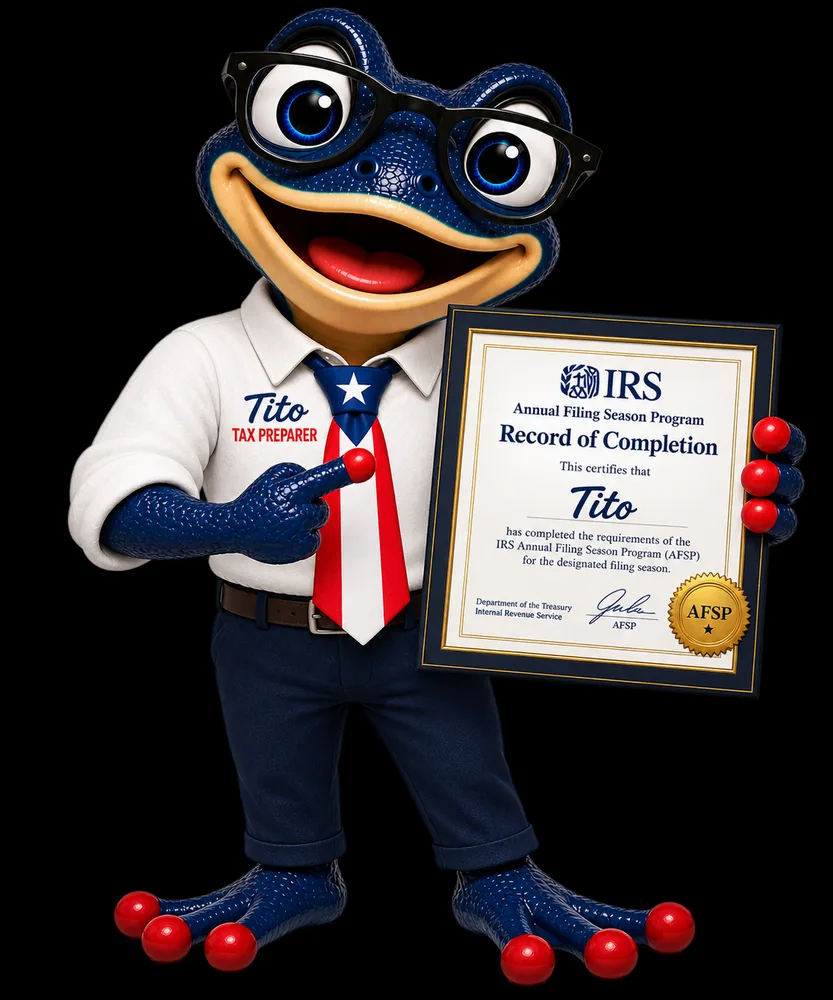 Tito, the Borinken Tax coquí, holding an IRS Annual Filing Season Program Record of Completion
