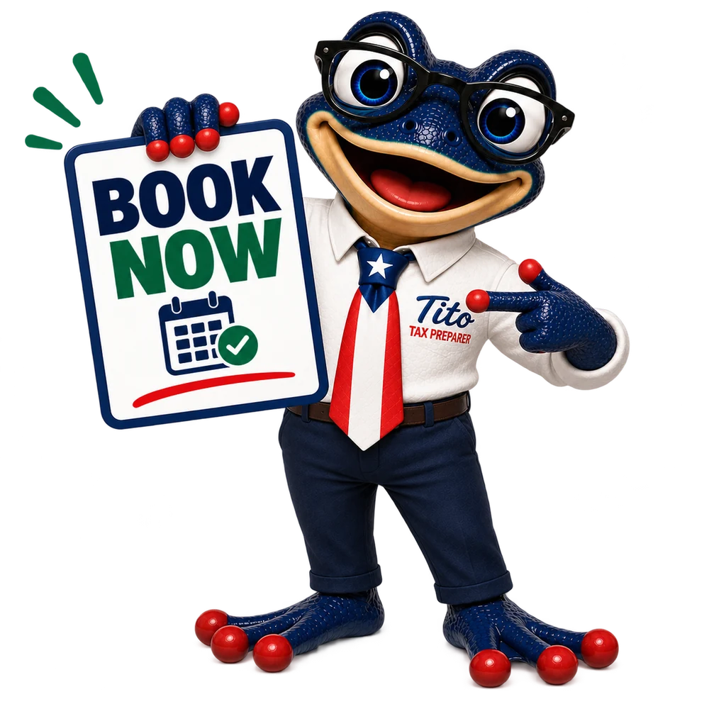 Tito, the Borinken Tax coquí, holding a Book Now sign