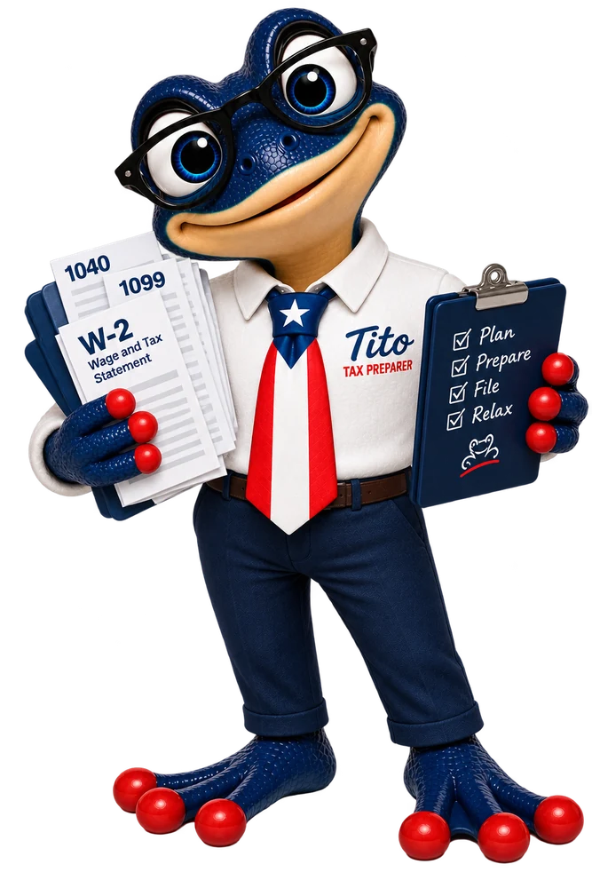 Tito, the Borinken Tax coquí, holding W-2, 1099 and 1040 forms with a plan-prepare-file-relax checklist