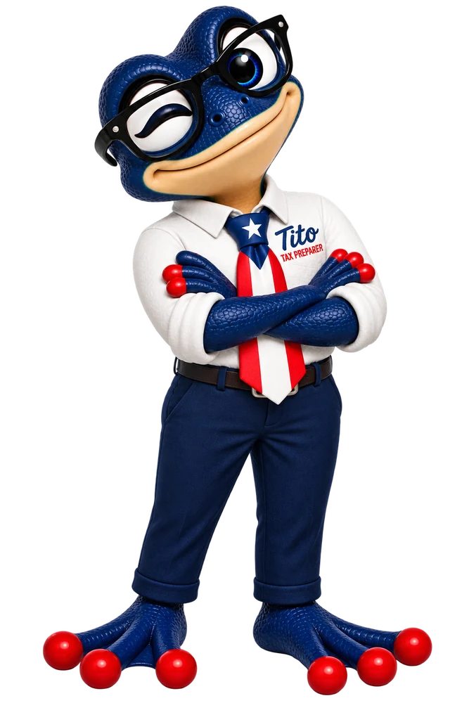 Tito, the Puerto Rican coquí mascot of Borinken Tax