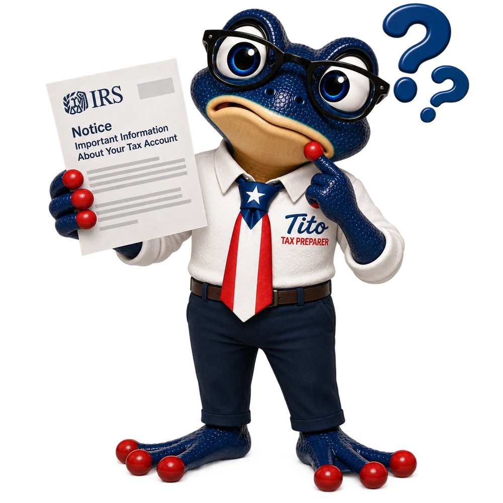 Tito, the Borinken Tax coquí, holding an IRS notice