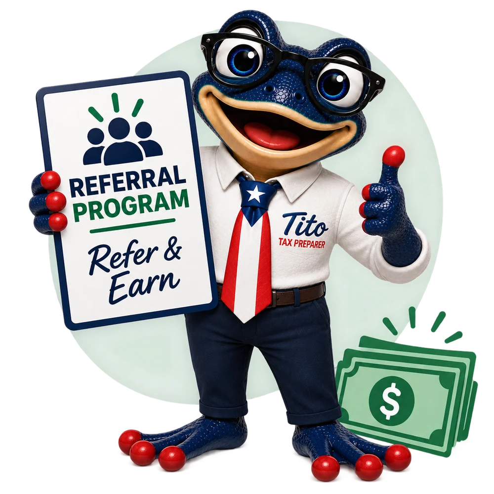 Tito, the Borinken Tax coquí, holding a Referral Program sign