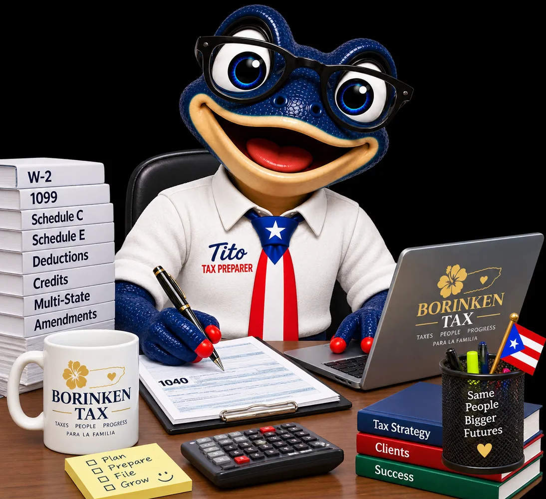 Tito, the Borinken Tax coquí, preparing a return at his desk with W-2, 1099 and Schedule C forms